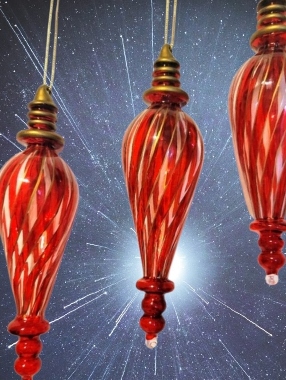 NIB Vintage 3 Blown Swirled Glass Finial Teardrop Shape Red & White Gold Top